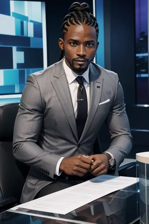 31 year old man from Congo, athletic body, goatee, black cornrow hair, calm, strong, in news studio, wearing gray business suit