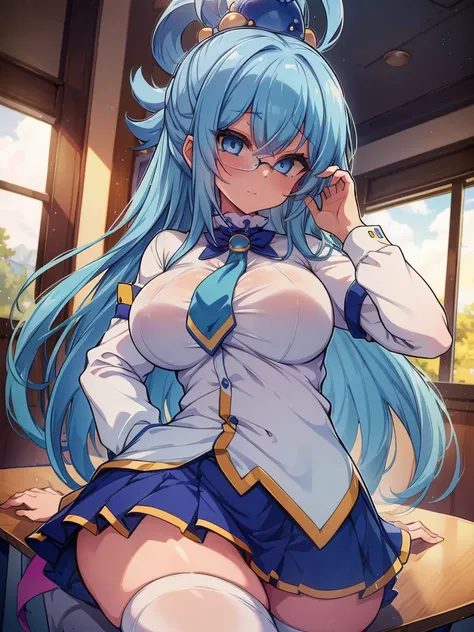 Best Image Quality, 8 k, high quality, masterpiece:1.2), ((masterpiece)), (high detail, high quality, Best Image Quality), solo, 1 girl, Konosuba ,aqua, blue hair, Blue eyes, detailed face, A smirk on his face, looks at the viewer, detailed clothing, detai...