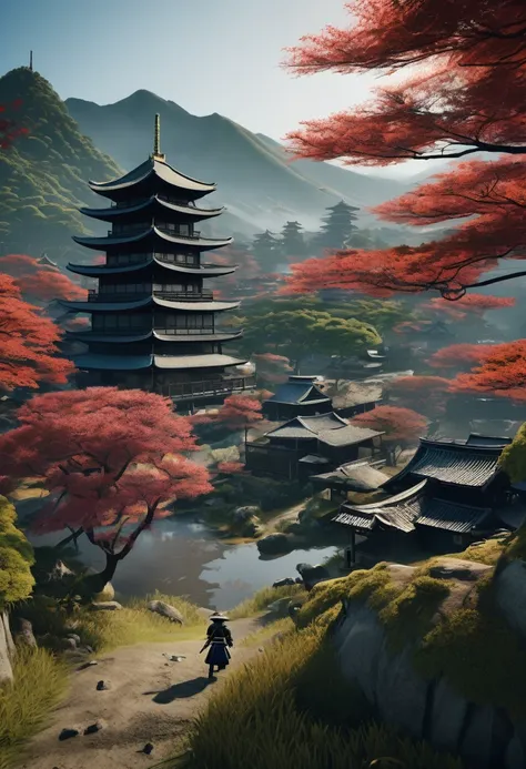 Landscape of feudal Japan, with samurai, in Ultra realistic 8K photo mode