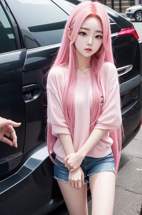 Idol Huh Yunjin with long pink hair 