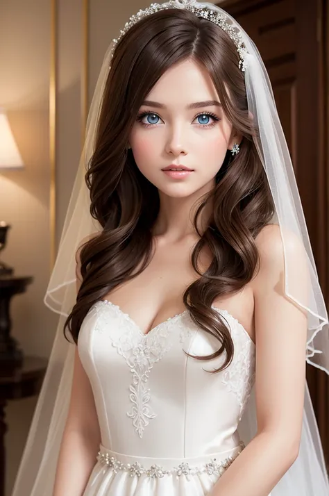 Create a brown-haired, blue-eyed girl wearing a wedding dress 