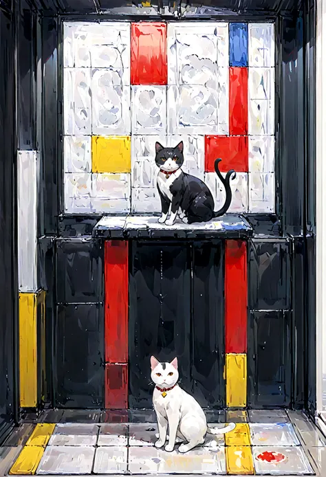 a captivating artwork by piet mondrian featuring a cat. the iconic mondrian style is present, with the cat depicted in primary c...