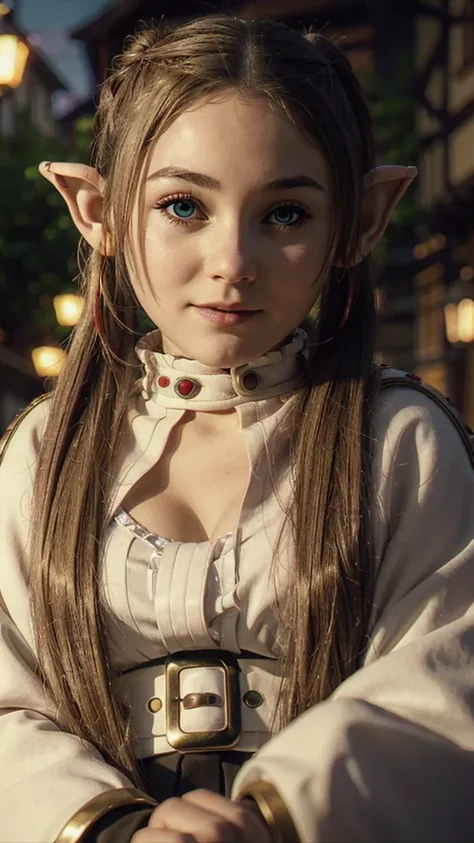 A young elf girl in realistic portrait of high quality and detail, Frieren (Sousou no Frieren), movie style, peacefull atmosphere, pale skin, glow, eye shadow, 1girl, fantasy, Depth & Perspective, happy smile on her face, A petite elf girl with green eyes,...