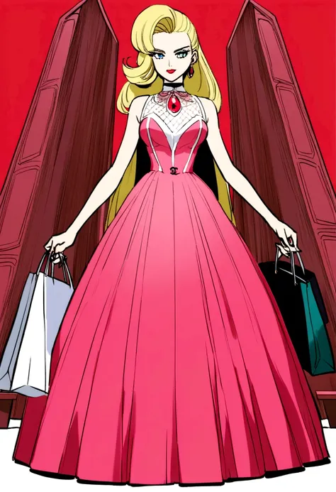 1990s, retro-futuristic, a red background, with a haute couture woman, a blonde diva with a Margot Robbie face. She adorns a pink Chanel dress while standing tall holding store bags. the glamor of the time with a retro-chic touch