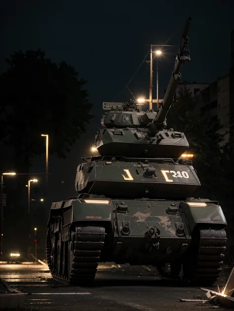 Russian T90M Main Battle Tank, 8k Resolution, Tank, In action, At night, In a broken and abandoned city