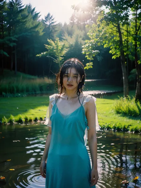 Best quality, ultra highly res, Realistic Fashion photography in the dark swamps from a young pretty uzbek women dancing between floating of leaves, soaking wet and submarged with water, wearing transparent nightdress, hair blowing in the wind, sunlight ex...