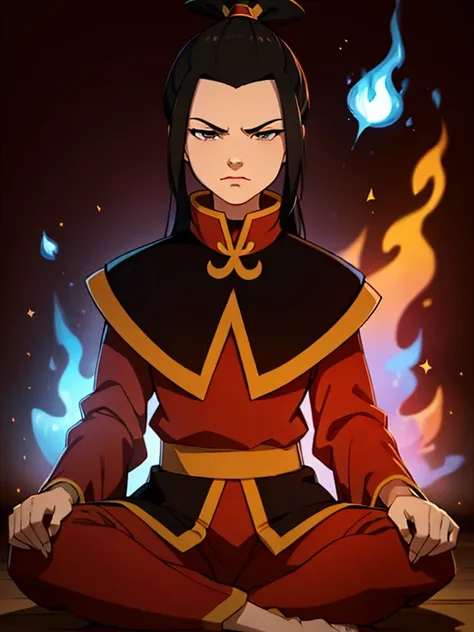 masterpiece, best quality, 1girl, azula, fire nation clothes, azula (avatar the last airbender), solo, black hair, fire, dark, l...