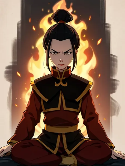 masterpiece, best quality, 1girl, azula, fire nation clothes, azula (avatar the last airbender), solo, black hair, fire, dark, l...