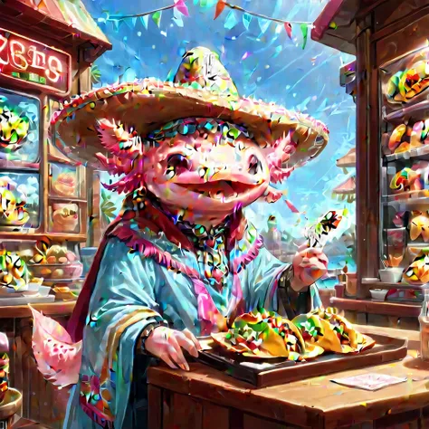 (masterpiece:1.5)  axomdel2, happy axolotl wearing sombrero and poncho on display, with taco detaileyedetail-sdxl, fface details...