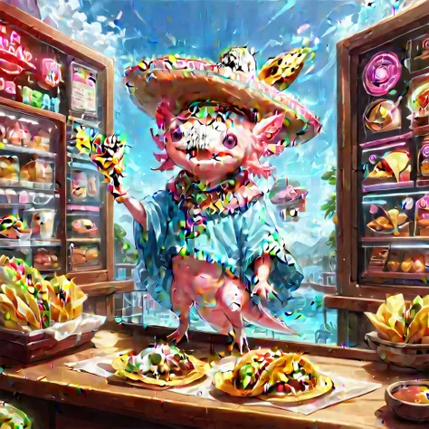 (masterpiece:1.5)  axomdel2, happy axolotl wearing sombrero and poncho on display, with taco detaileyedetail-sdxl, fface details...