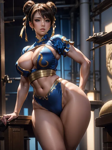 best quality, 4k, Chun-Li classic outfit:1.5, Masterpiece, ( beautiful wearing Chun-Li classic outfit, perfect body, big thighs), 