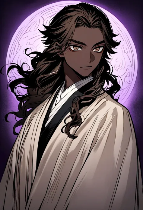 Japanese classic style background.. male character, dark tea brown skin, light brown eyes with crystalline texture, Medium long wavy hair with ponytail and curtain bangs., classic semi-formal attire in neutral tones. purple lighting. The character has simi...