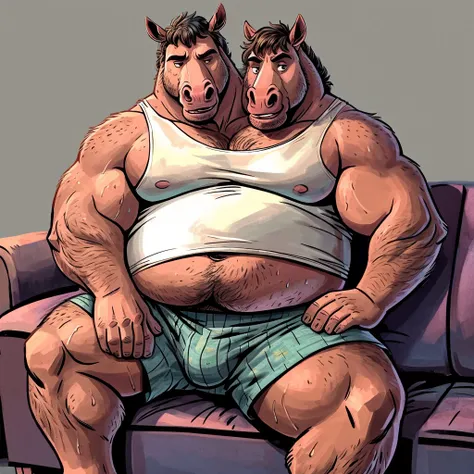 solo, bojack horseman, three identical heads on one body, horse ears, tail, masculine, necks, eyes, adult, male, 50 years old, by dramamine, (ugly, fat, dadbod, chubby, big belly, sweaty, brown fur, solild gray background, (white sleeveless shirt, boxers),...