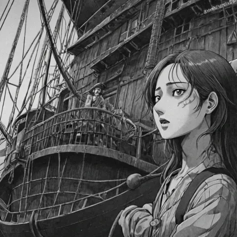 pirate on a ship, (anime), bizarre scenario, Junji Ito, Yusuke Murata, black and white, 8k, anime, horror