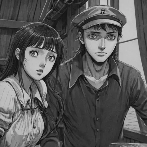 pirate on a ship, (anime), bizarre scenario, Junji Ito, Yusuke Murata, black and white, 8k, anime, horror