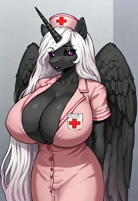 Alicorn princess, white mane,black sclera ,black body color  long flowing  mane pink eyes anthro huge breasts 
Nurse outfit hospital 