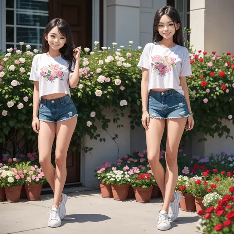 Masterpiece, a young beautiful girl, smiling, looking at the camera, standing in front of a clump of roses, wearing shorts and t-shirt, white sneakers. Wearing a top and shorts, flowers, full-body photo, casual pose, slender legs