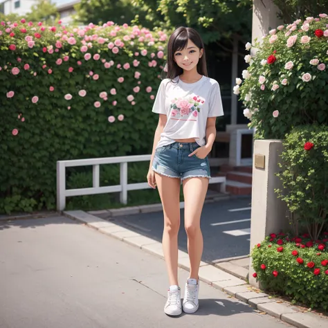 masterpiece, a young beautiful girl, smiling, looking at the camera, standing in front of a clump of roses, wearing shorts and t...