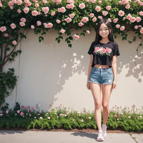 Masterpiece, a young beautiful girl, smiling, looking at the camera, standing in front of a clump of roses, wearing shorts and t-shirt, white sneakers. Wearing a top and shorts, flowers, full-body photo, casual pose, slender legs