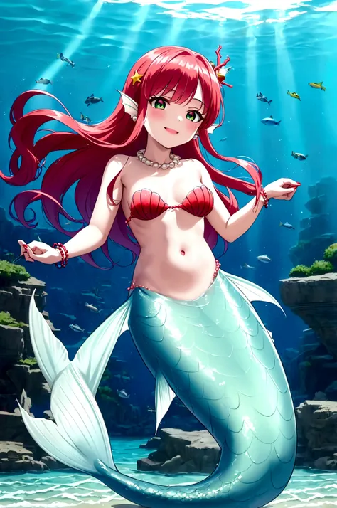 (best quality,4k,8k,highres,masterpiece:1.2),ultra-detailed,teenage girl gets magically transformed into a mermaid, fantasy transformation,red-eyed,beautiful detailed eyes,spiky long ginger hair,happiness,cute mermaid, long and detailed mermaid tail with s...