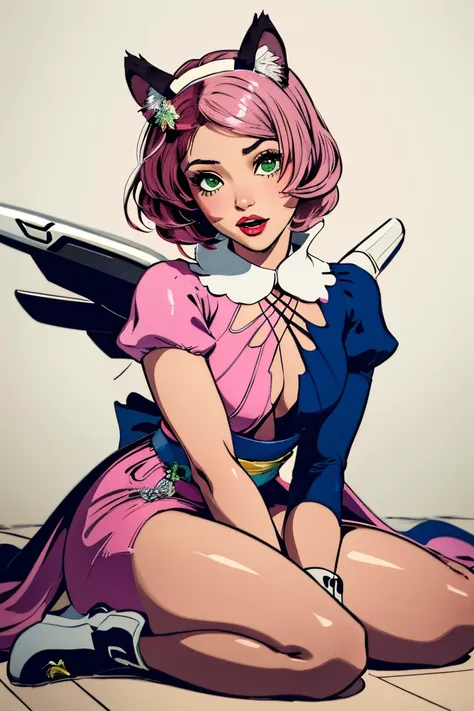 Alisa Bosconovitch, best qualityer, contemporary, flat style, minimalism, Illustrates??the green-eyed plane, pink  hair, shorth hair, multicolored wildly hair, black jersey, mechanical wings, Close-U head portrait, pointed chest, neckleace, super neckleace...