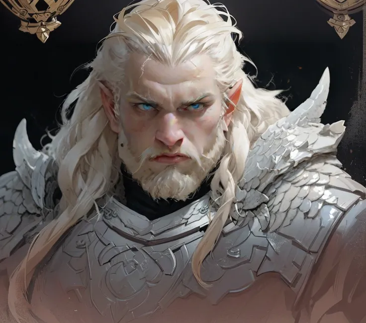 highly detailed portrait of a male dwarf warrior, charismatic and handsome face, face inspiring kindness, long flowing blonde hair and long thick beard,muscular build,wearing heavy white scale armor, epic fantasy scene,dramatic lighting,intricate armor det...