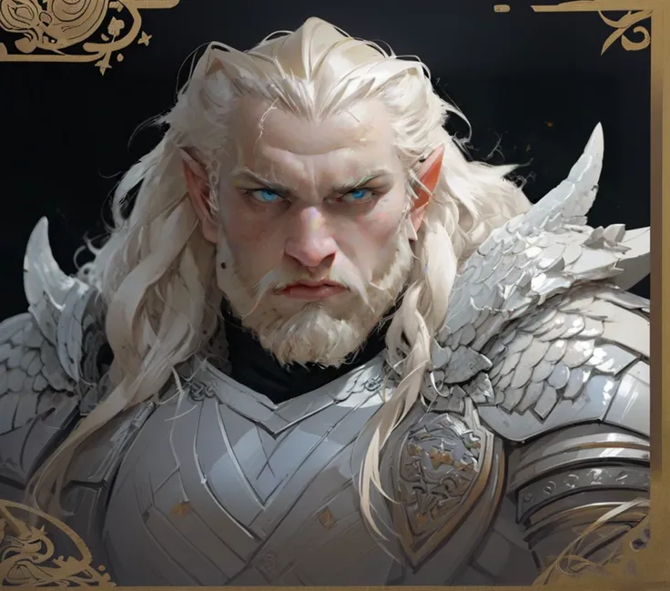 highly detailed portrait of a male dwarf warrior, charismatic and handsome face, face inspiring kindness, long flowing blonde hair and long thick beard,muscular build,wearing heavy white scale armor, epic fantasy scene,dramatic lighting,intricate armor det...