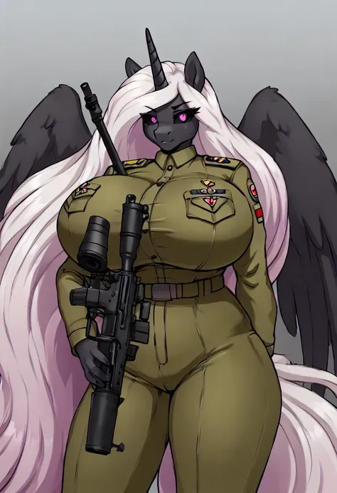 Alicorn princess, white mane,black sclera ,black body color  long flowing  mane pink eyes anthro huge breasts army outfit ,sniper rifle 