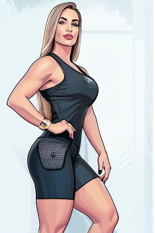 cartoon of a woman in a black dress and black belt, tight black blouse and shorts, Fit girl in digital illustration style, cartoon style illustration, fit woman, beautiful girl wearing tank top suit, curvy fit physique, lola bunny fanart , sports bra and s...