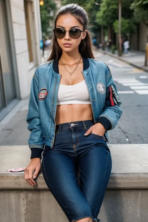 arafed woman sitting on a ledge with a skateboard and wearing a jacket, a bomber jacket and jorts, wearing a bomber jacket, urba...