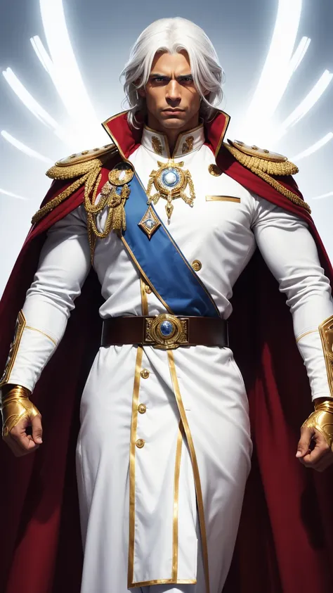 a brown-skinned man long, straight white hair piercing blue eyes wearing an impeccable white military uniform with gold details ...