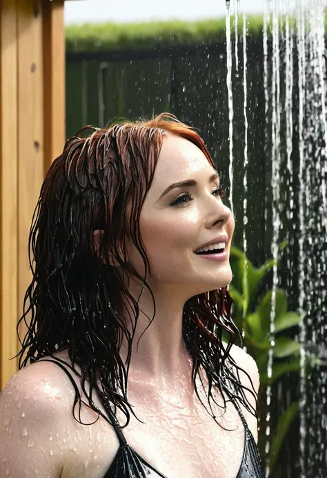 Karen Gillan in an outdoor shower in a black bathing suit with wet hair 