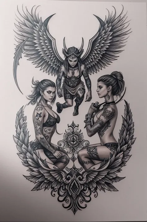 Tattoo sketch so that it can be transferred to the skin in underground style, tattoo will not be big without realism for a long time, there should be a demon and an angel on it who are fighting together but are far from each other 