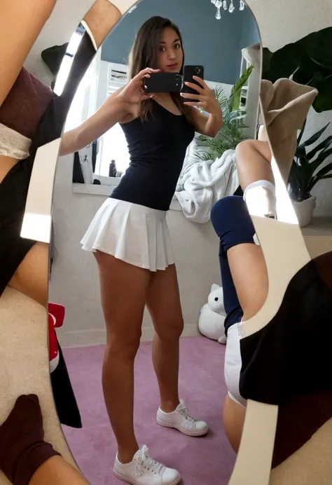 there are two photos of a woman taking a selfie in a mirror, thighs!!!!!!, exposed thighs!!!, wearing white skirt, collage, thighs!!!, in shorts, white skirt and bare chest, visible legs, thighs, White mini skirt, bare thighs!!!, 2263539546], very very low...