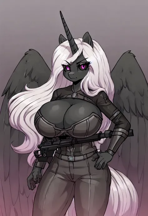 Alicorn princess, white mane,black sclera ,black body color  long flowing  mane pink eyes anthro huge breasts badass outfit ,sniper ,stealthy, chernobyl 