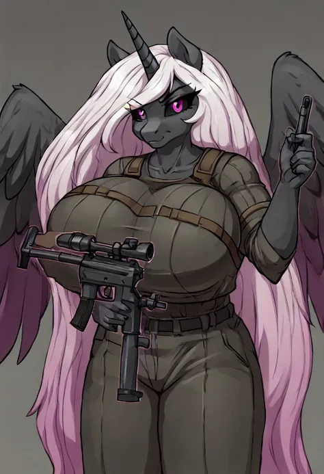 Alicorn princess, white mane,black sclera ,black body color  long flowing  mane pink eyes anthro huge breasts badass outfit ,sniper ,stealthy, chernobyl 