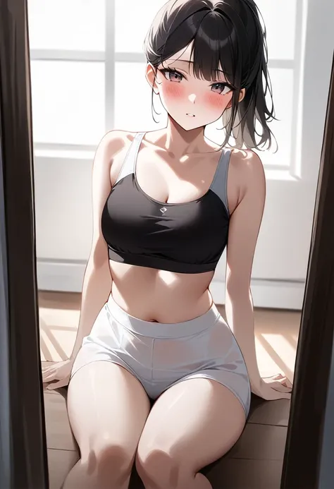 ultra Realistic photo, ((21-year-old girl wearing a training bra)), Dean Wo, (Small waist), One girl, blush, masterpiece, 最high quality, absurdes, Award-winning photograph, Attention to detail, Very complicated,, Detailed face + eye, Natural light, Realist...