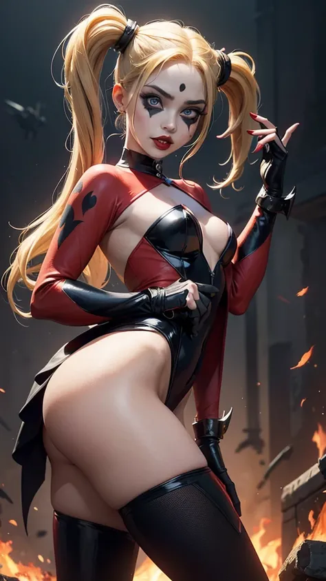 Harley Quinn, mujer sexy,dc comics,small,harlequin costume, red and black, vestida con un traje de arlequín color rojo y negro, carta de corazones rojos, carta de joker, joven, super skynny body, small and beautiful buttocks, abdomen tonificado, senos pequ...