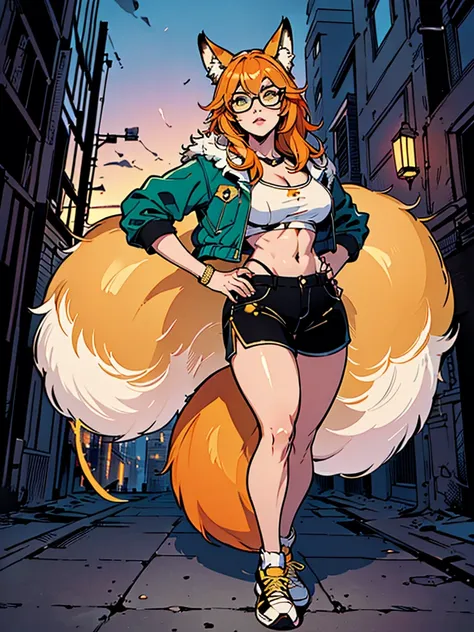 Masterpiece, 1girl, solo, (best quality,4k,8k,highres,masterpiece:1.2), cyberpunk visuals, full body, anthro fox girl, (slim physique, fox tail, green jacket, black shorts, yellow sneakers, yellow glasses, orange hair), ((ultra detailed clothes, beautiful ...