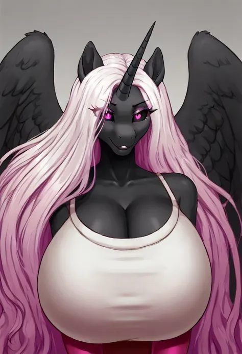 Alicorn princess, white mane,black sclera ,black body color  long flowing  mane pink eyes anthro huge breasts CEO 