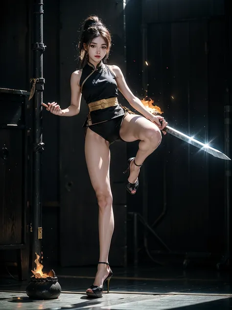 (Top quality，Ultra HD，lifelike: 1.4)，Wearing black and gold short qipao，Black high heels，High Ponytail，The girl with air bangs holds two samurai swords，Close-up shot of running，Beautiful armed girl， (K-Pop Idol) ，Detailed face，opposition，Perfect anatomy，Sm...