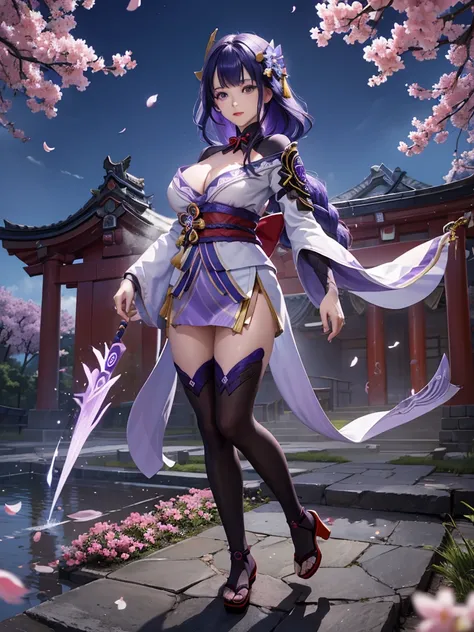 ((Full body image:1.4))Japanese Shrines, (Highest quality，Realistic,masterpiece:1.2，8k wallpaper:1.2)，((Pale skin))，One Girl，women only，((raidenshogndef))((Genshin Impact，General Raiden))，Lightning Particles，Purple Lightning，Light background，cherry blossom...