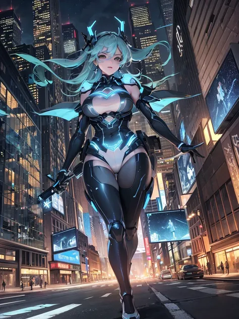 amazing lightingbolt beautiful woman, blue color, extremely huge bust, run on the empty street, luminous, reflective, hyper detailed, trending on artstation, intricate details, highly detailed, background big city with skyscrapers at night, super detail, u...