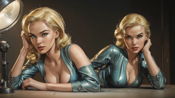 1girl,1950s retro comic,sci-fi,slender hot blonde,realistic proportions,tight jumpsuit,cleavage,looking at camera,(best quality,4k,8k,highres,masterpiece:1.2),ultra-detailed,(realistic,photorealistic,photo-realistic:1.37),HDR,studio lighting,extreme detail...