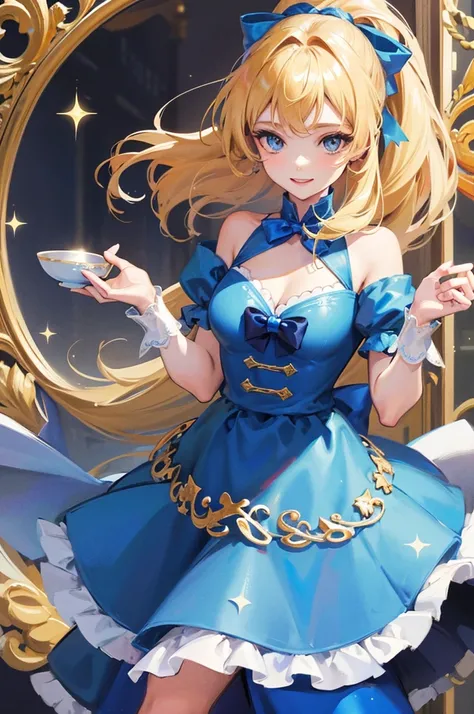 a girl with blonde hair, blue eyes, smiling in a blue dress detailed with glitter, with a blue bow on her head, holding a cup of tea