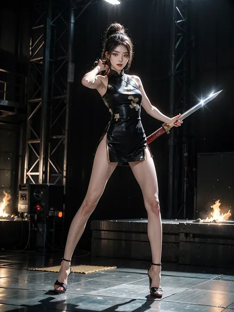 (Top quality，Ultra HD，lifelike: 1.4)，Wearing black and gold short qipao，Black high heels，High Ponytail，The girl with air bangs holds two samurai swords，Close-up shot of running，Beautiful armed girl， (K-Pop Idol) ，Detailed face，opposition，Perfect anatomy，Sm...