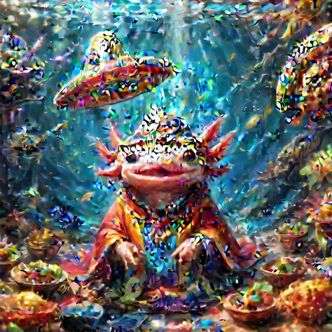 (masterpiece:1.5) axomdel2, A happy axolotl wearing sombrero and poncho, with details of tacos 