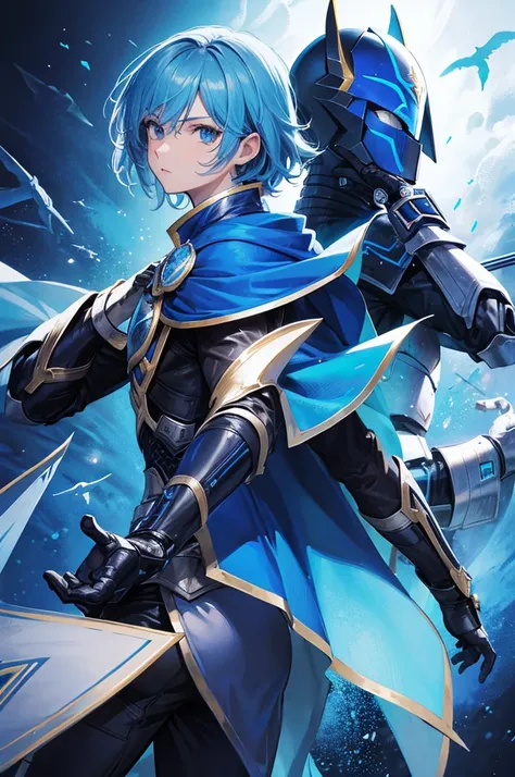 holding_handgun,knight,Blue Cape, Kamen Rider Style,fish emblem,{masterpiece},{best quality},{super detailed},{super fine illustration},beautiful background,perfect hands,perfect face,ass pov,dynamic angle,