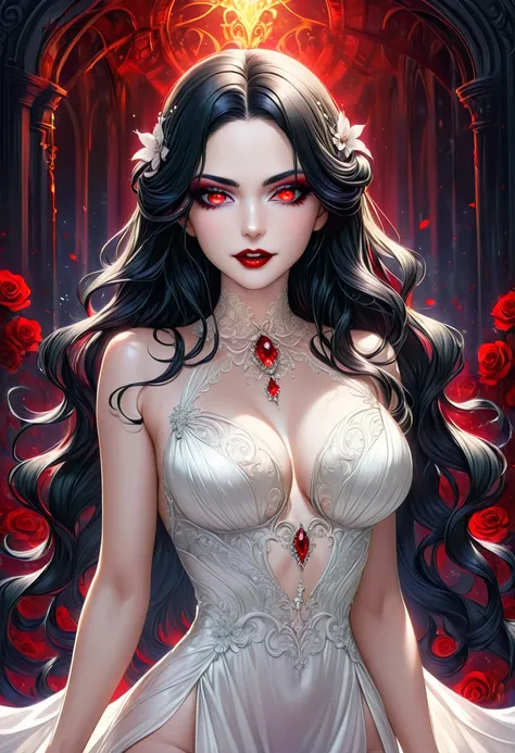 Arafed, dark fantasy art, goth art, a beautiful female vampire wearing a (blood stained white evening dress: 1.5), an extremely beautiful female vampire, ultra detailed face, black hair, long hair, wavy hair, dark glamour make up, pale skin, red lips, glow...