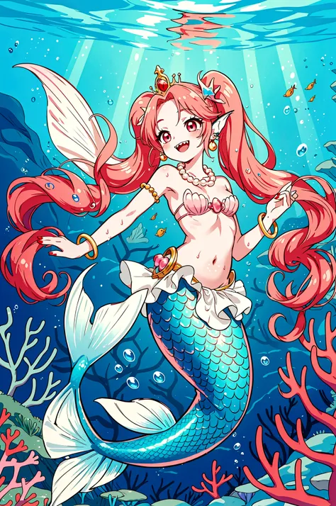 best quality,4k,8k,highres,masterpiece:1.2),ultra-detailed, Pretty 15 years old princess magically transformed into a beautiful mermaid, race swap, fantastic transformation, none human, steampunk, fish like, wet body, surrounded by small bubbles, long merm...